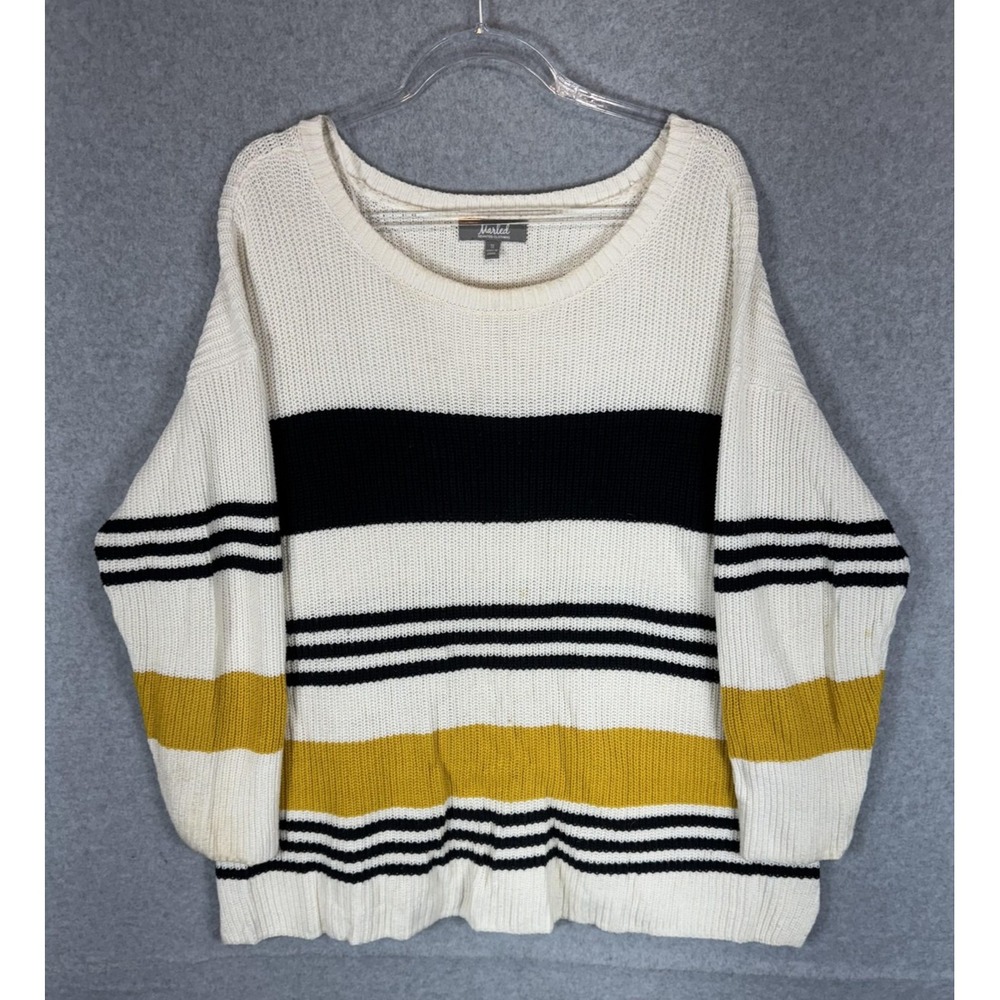 Marled Sweater Womens 1X Cream Black Yellow Striped Knit Pullover Plus Cozy Top